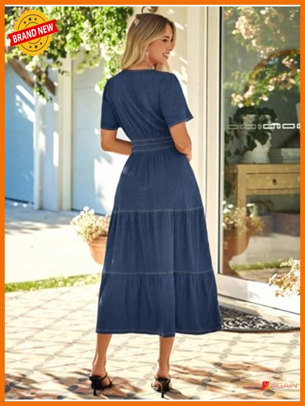 Simplee Denim Maxi Dress Short Sleeve V Neck Flowy Casual Summer Jean Dress - Picture 3 of 6